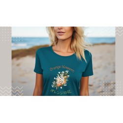 T-Shirt „Orange Blossom“ with Japanese translation, regular fit premium crewneck shirt, graphic flowery herb print, real fake pl