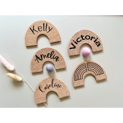 Personalized Cork Name Tags: Wedding, Baby Shower, Birthdays - Double-sided Engraved Rainbow Shape for Unique Celebrations