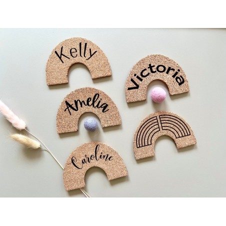 Personalized Cork Name Tags: Wedding, Baby Shower, Birthdays - Double-sided Engraved Rainbow Shape for Unique Celebrations
