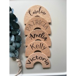 Personalized Cork Name Tags: Wedding, Baby Shower, Birthdays - Double-sided Engraved Rainbow Shape for Unique Celebrations