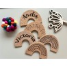 Personalized Cork Name Tags: Wedding, Baby Shower, Birthdays - Double-sided Engraved Rainbow Shape for Unique Celebrations
