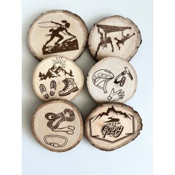 Climbing Theme Wooden Coasters with Bark, Set of 6 pcs, 5th wedding anniversary gift, Mountain Rock Sport, Outdoor Adventure