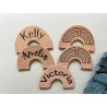 Personalized Cork Name Tags: Wedding, Baby Shower, Birthdays - Double-sided Engraved Rainbow Shape for Unique Celebrations