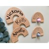 Personalized Cork Name Tags: Wedding, Baby Shower, Birthdays - Double-sided Engraved Rainbow Shape for Unique Celebrations