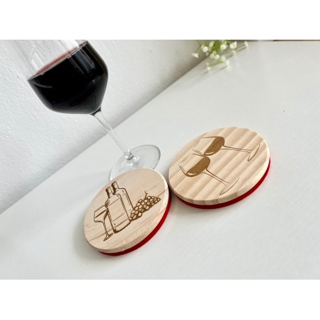 Glass & Bottle of Wine Wooden Felt Coasters, Set of 2 pcs, 5th wedding anniversary gift, 7th anniversary present, Cabernet Sauvi