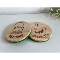 Green Tea Wooden Felt Coasters, Set of 2 pcs, 5th wedding anniversary gift, 7th anniversary present, Matcha Lover Gift