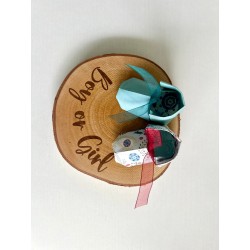 Origami Baby Shoes Double Sided Gender Reveal Birch Wood Slice, It's a Boy/Girl, Birth Gender Announcement Sign, Wooden Disc wit