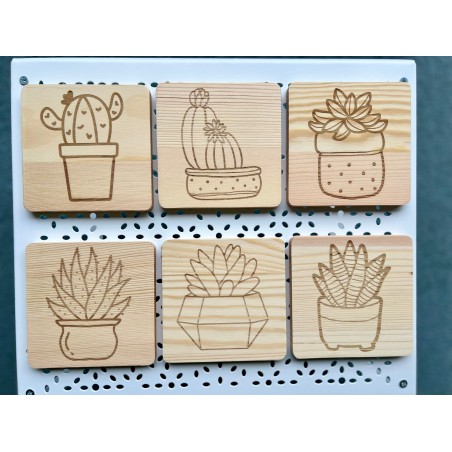 Square Succulent Cactus Wooden Coasters, Set of 6 pcs, 5th wedding anniversary gift, 6th anniversary present,