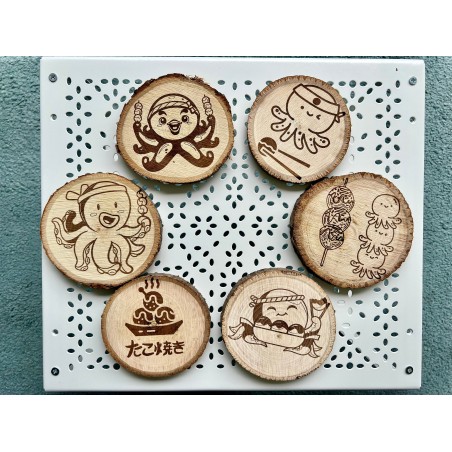 Cute Takoyaki Theme Wooden Coasters, Set of 6 pcs, 5th wedding anniversary gift, 6th anniversary present, Japanese dishes & cuis