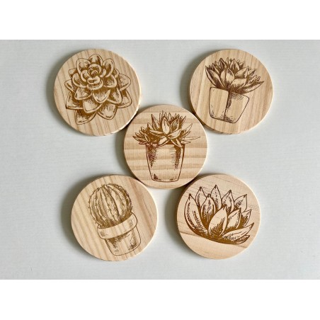 Succulent Cactus Wooden Coasters, Set of 5 pcs, 5th wedding anniversary gift, 6th anniversary present, Teacher retire