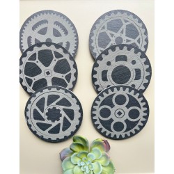 Bike Theme Slate Coasters with Chainrings Pattern, Set of 6, dirtbike racing, cycling drinkware, mountain rock coaster, triathlo