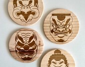 Kabuki Mask Wooden Coasters: Japanese Theater Decor, Set of 4 thumbnail 4