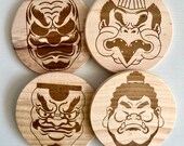 Kabuki Mask Wooden Coasters: Japanese Theater Decor, Set of 4 thumbnail 5
