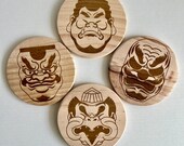 Kabuki Mask Wooden Coasters: Japanese Theater Decor, Set of 4 thumbnail 1
