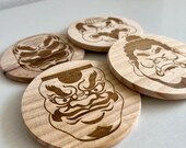 Kabuki Mask Wooden Coasters: Japanese Theater Decor, Set of 4 thumbnail 6