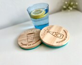 Glass & Bottle of Water Wooden Felt Coasters, Set of 2 pcs, 5th wedding anniversary gift, 7th anniversary present, Sparkling Water Present thumbnail 2