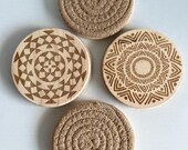 Tribal Pattern Wood Coasters: Beige Bohemian Table Decor, Set of 4 thumbnail 3