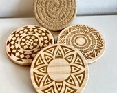 Tribal Pattern Wood Coasters: Beige Bohemian Table Decor, Set of 4 thumbnail 5