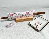 Personalized Japanese Chopsticks Set: Cherry Blossom Origami Wrap, Wooden Stand, Sakura Soy Sauce Dish thumbnail 6