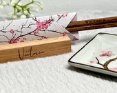 Personalized Japanese Chopsticks Set: Cherry Blossom Origami Wrap, Wooden Stand, Sakura Soy Sauce Dish thumbnail 8