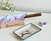 Personalized Japanese Chopsticks Set: Cherry Blossom Origami Wrap, Wooden Stand, Sakura Soy Sauce Dish thumbnail 5