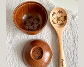 Personalized Wooden Miso Bowl and Spoon Set: Cherry Blossom Engraving thumbnail 2