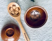 Personalized Wooden Miso Bowl and Spoon Set: Cherry Blossom Engraving thumbnail 1