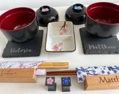 Personalized Japanese Dinnerware Set for Couples: Engraved Chopsticks & Slate Sushi Dishes thumbnail 5