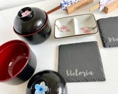 Personalized Japanese Dinnerware Set for Couples: Engraved Chopsticks & Slate Sushi Dishes thumbnail 3