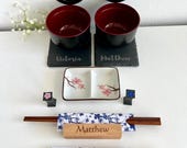 Personalized Japanese Dinnerware Set for Couples: Engraved Chopsticks & Slate Sushi Dishes thumbnail 2