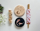 Personalized Chopsticks Set: Engraved Sticks, Koi Dish, Coaster, Origami Sleeve thumbnail 4
