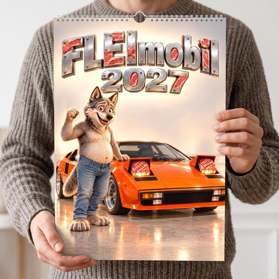 Funny Car Calendar 2027 – FLEImobil, Wolfie Wall Calendar with Classic Cars, Rally & Tuning Art